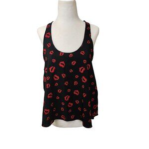Forever 21 Black Red Silky Soft Lips Kisses Racerback Tank Top Small Loose Fit